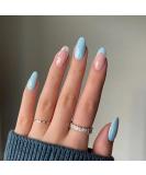 Blue French Tip Flower Design Press on Nails - Medium Almond Shape | Glossy Acrylic Stick on Nails for Women and Girls - Spring Nail Art - Buy Online on GoSupps.com