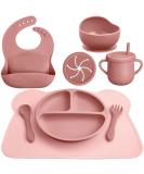 Newtay 8 Pack Baby Feeding Set - Silicone Suction Divided Plate, Bibs, Bowl, Placemat, Spoon, Fork, Cup with Straw - Dark Pink - Toddler Tableware - Buy Online on GoSupps.com