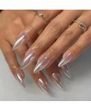 MISUD Medium Stiletto Press on Nails Almond Fake Nails Glossy Glue on Nails Silver Pearl Flash Acrylic Nails Bling Gradient Artificial Nails Chrome Stick on False Nails with Design 24 pcs 0001-MS005-Silver Gradient - Buy Online on GoSupps.com