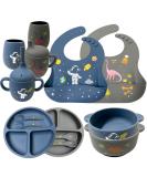 Soft Silicone Baby Feeding Set with Adjustable Bib, Suction Bowl, Plate, Straw Cup, and Utensils - Baby Led Weaning Supplies with Cute Patterns | Space & Dinosaur Design - Buy Online on GoSupps.com
