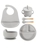 Silicone Baby Weaning Set 6 Pcs - Adjustable Bib, Divided Plate, Suction Bowl, Cup, Fork & Spoon - Grey - Ideal for Babies, Toddlers & Kids - Buy Online on GoSupps.com