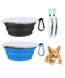 Foldable Dog Travel Bowls (2 Pack) - Safe Silicone Feeding Bowls with Lids & Hooks for Hikes & Camping - 450ml Blue & Black - Buy Online on GoSupps.com