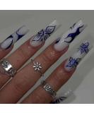 Foccna Long Blue Press-On Nails - Square Full Cover Butterfly Acrylic Nails for Women & Girls - Glossy Finish 24PCS - Buy Online on GoSupps.com
