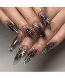 Buy Black Press on Nails - Almond Short Medium Ombre Acrylic Fake Nails with Rhinestone Butterfly Charm | Perfect for Weddings & Birthdays - International Shipping Available - Buy Online on GoSupps.com