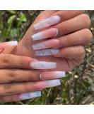 YOSOMK Pink Coffin Fake Nails with Gems - Glossy False Nails for Women - Stick on Nails with Glue - Long Press on Acrylic Nail Tips - Buy Online on GoSupps.com