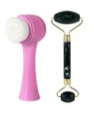2 in 1 Silicone Face Brush & Jade Roller - Deep Cleansing & Exfoliating Tool for Glowing Skin | Soft Bristles & Manual Massager - Purple & Black - Buy Online on GoSupps.com