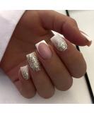 Glitter Acrylic French Tip Press On Nails - Square False Nails with Cute Designs - Medium White Full Cover Stick On Nails for Women - Manicure Decoration - Style 6 - Buy Online on GoSupps.com