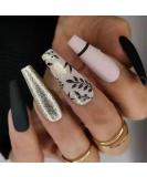 24pcs Long Coffin False Nails Black White Stick on Nails Gold Glitter Press on Nails with Leaf Patterns Removable Glue-on Nails Fake Nails Women Girls Nail Art Accessories 0232Y14 0.04 ml (Pack of 24) - Buy Online on GoSupps.com