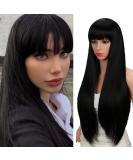Kalyss 28 Women's Silky Long Straight Black Wig with Bangs - Heat Resistant Synthetic Hair Wig for Women - Black 1B - Buy Online on GoSupps.com
