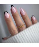 Justotry 24 Pcs Short Oval False Nails with Jewels | Black French Press On Nails | Striped Fake Nails with Nail Glue | Almond Medium Stick On Nails for Women | Nail Art Accessories - Buy Online on GoSupps.com