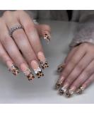 Shop Glossy Brown Leopard Print French Tip Press On Nails - 24pcs Long Square Acrylic Nails with 3D Bow Designs | Cute Full Cover Glue-On Nails for Women - Buy Online on GoSupps.com
