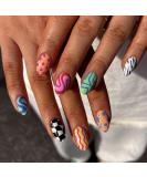 Shop MERVF Oval Press on Nails - Colorful Medium Fake Nails with Checkered Design | 24pcs Acrylic Summer Collection - Buy Online on GoSupps.com