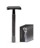 QSHAVE Butterfly Open Long Handle Double Edge Safety Razor Set - Nostalgic Design - Men and Women - 1 Razor + Leather Sleeve + 5 Titanium Coated Blades - Buy Online on GoSupps.com