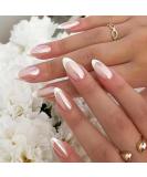 YOSOMK French Tip Press on Nails | Medium Almond Fake Nails with Chrome Designs | Glossy Nude Mirror Acrylic Nails for Women - Buy Online on GoSupps.com