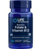 Life Extension BioActive Folate & Vitamin B12 150 Vegetarian Capsules - B-9 Methyl Folic Acid & B-12 Cofactor Veg Caps - Non GMO, Gluten Free, Supports Mood & Methylation - 150 Count - Buy Online on GoSupps.com