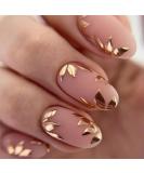 Buy Short Almond Press On Nails | Glossy Gold Leaves Design | Reusable Full Cover Acrylic Fake Nails - 24Pcs - Buy Online on GoSupps.com