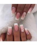24 Pcs Gradient Pink French Tip Press on Nails with Rhinestones & Flowers - Medium Square False Nails for Women - Buy Online on GoSupps.com