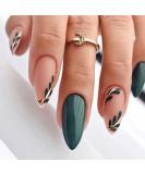 Dark Green Almond Press on Nails with Gold Line & Leaf Design | 24Pcs Matte & Glossy Acrylic Fake Nails for Women & Girls - Buy Online on GoSupps.com