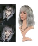 FAELBATY Ombre Grey Short Bob Wig with Air Bangs - Curly Wavy Synthetic Cosplay Wig for Women - 12 Dark Root Ombre Gray - Buy Online on GoSupps.com