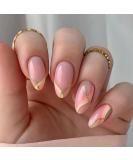 24pcs French False Nails Short - Almond Square Press on Nails - Full Cover Acrylic False Nails with Glue - Pink Glitter Swirl Stick on Nails for Women Girls Gold Pink Striped - Buy Online on GoSupps.com