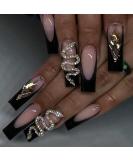 French Tip Press on Nails - Long Coffin Black Glitter Snake Design - Glue on Acrylic Nails for Women - Perfect for Weddings & Manicure - Buy Online on GoSupps.com