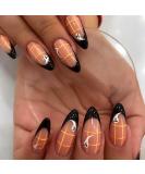 24Pcs Halloween False Nails - Cute Ghost Designs, Medium Almond French, Black Border, Press On Acrylic Nails for Women and Girls - Yellow Plaid Nail Art Accessories - Buy Online on GoSupps.com