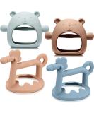 Silicone Bear Teething Toys Set - Anti-Drop Baby Teether Pacifier for Pain Relief and Chewing Needs - 4 Pieces (Blue, Caramel, Pink) - Buy Online on GoSupps.com