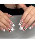 3D Cherry Bow Pearl Press On Nails | Extra Long Square French Tip | Glossy Full Cover Reusable False Nails for Women - Nail Art - Buy Online on GoSupps.com
