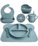 8 Pack Silicone Baby Feeding Set - Divided Plate, Bibs, Suction Bowl, Placemat, Spoon, Fork, Cup with Straw - Toddler Tableware Set (Dusty Blue) - Buy Online on GoSupps.com