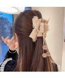 Furry Hair Claw Big Bow Hair Clips with Pearl Tassel for Women and Girls - Pink - Buy Online on GoSupps.com