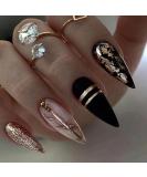 Medium Black Marble Press on Nails with Gold Foil Glitter - Glossy False Nails for Women and Girls - Buy Online on GoSupps.com