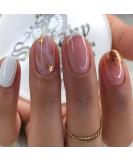 Shop French Tip Press on Nails - Short Round Almond Fake Nails with Gold Foil | Full Cover Glossy Pink Acrylic Stick-On Nails for Women & Girls - Buy Online on GoSupps.com