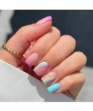 Short Nude Wavy Fake Nails - 24Pc Square Full Cover Acrylic Nails with Glue for Women & Girls - Buy Online on GoSupps.com