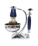 Premium Wet Manual Double Edge Safety Razor Set | Shaving Kit with Blades Brush & Bowl | Barbershop Grooming for Men - Blue - Buy Online on GoSupps.com
