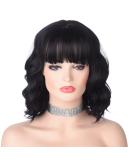 AMZCOS Short Black Wavy Wig with Bangs for Women - 12 Inch Natural Synthetic Hair Bob Wig for Daily Wear - Black - Buy Online on GoSupps.com