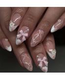 Foccna French Press On Nails - Medium Rhinestone Pink Almond Fake Nails | 24 pcs Bling Glossy 3D Flower Tips for Women & Girls - Buy Online on GoSupps.com