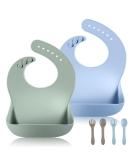 Vicloon Silicone Baby Bib 2PCS | Waterproof Baby Feeding Bibs with Fork Spoon | Adjustable & Easy to Clean | Wide Food Catcher Pocket | Unisex Toddler Bibs - Blue-Dark Green - Buy Online on GoSupps.com
