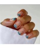 24pcs Short French Almond Square False Nails - Sea Wave Design | Full Cover Acrylic Nails with Glue - Stylish Press on Nails for Women and Girls Nail Art - Buy Online on GoSupps.com