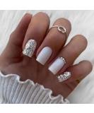 Square Press on Nails White Silver Glitter Design with Rhinestones - 24Pcs Medium Length Full Cover Stick on Artificial Nails for Women Girls - Buy Online on GoSupps.com