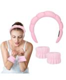 Pink Spa Headband for Women - Sponge Puffy Makeup & Skincare Headband with Wristbands - Terry Towel Cloth Fabric for Face Washing & Shower - Buy Online on GoSupps.com