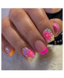 24 Pcs Medium Square French Fake Nails | Acrylic Colorful Flower Designs | Glossy Full Cover False Nails | Manicure Decorations for Women and Girls - Buy Online on GoSupps.com