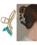 Blue Fish Tail Hair Clip with Pearl | Mermaid Hair Claw for Women | Large Gold Metal Clip for Strong Hold | Nonslip Hair Barrette Accessory - Buy Online on GoSupps.com