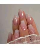 Buy Medium Coffin Press on Nails - Pink & White Gradient French Fake Nails | Glossy Full Cover Acrylic Nails for Women & Girls - 24Pcs - Buy Online on GoSupps.com