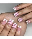 White French Tip Press on Nails with Pink Bow | Short Square Glue on Acrylic Manicure Art | 24 Pcs Glossy Nude Pink Fake Nails for Women & Girls - Buy Online on GoSupps.com