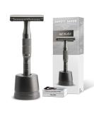 Double Edge Safety Razor with Stand | Reusable Metal Razors for Men & Women | Includes 10 Platinum Coated Blades | Sustainable Gun Black Design - Buy Online on GoSupps.com