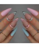 JUSTOTRY 24 Pcs Matte Stiletto Short False Nails | Heart Pattern Pale Pink & Blue French Press On Nails | Pretty Fake Nails with Nail Glue | Almond Medium Stick On Nails for Women - Buy Online on GoSupps.com