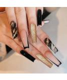 Justotry 24 Pcs Leopard Coffin Nails - Long Black French Press on Nails with Gold Glitter | Ballerina Artificial Nails for Women - Buy Online on GoSupps.com