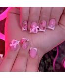 Buy Short Square French Tip Press on Nails - Pink Full Cover Strawberry Fake Nails with Bow Charm - Glossy Glue on Acrylic Nails for Women & Girls - Buy Online on GoSupps.com