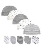 Newborn Baby Hat and Mittens Set - 5pcs Caps and 5 Pairs Gloves for Boys and Girls 0-6 Months | 100% Cotton (Grey) - Buy Online on GoSupps.com
