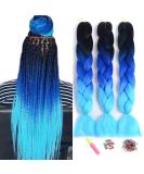 Showjarlly Kanecalon Hair Extensions - Ombre Jumbo Braids & Box Braids | 24-inch Kanecalon Braid Hair in Black Royal Blue & Heaven Blue - Buy Online on GoSupps.com